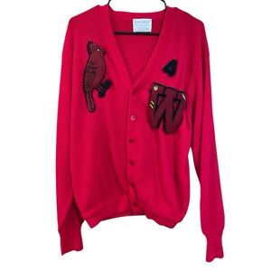 Vintage 70’s Jefflinks Cardinal Red v neck Letter Cardigan Sweater Made in USA